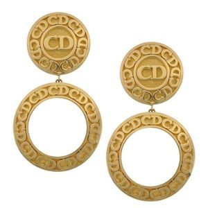Authentic Rare CHRISTIAN DIOR Large Logo Hoop Gold Tone Dangle Drop Earrings